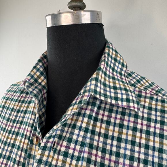 PAUL STUART Green Flannel Shirt Cotton Plaid Curved Hem Button-Up Size Small S - Picture 5 of 8